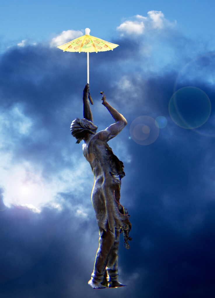 statue flying with yellow umbrella